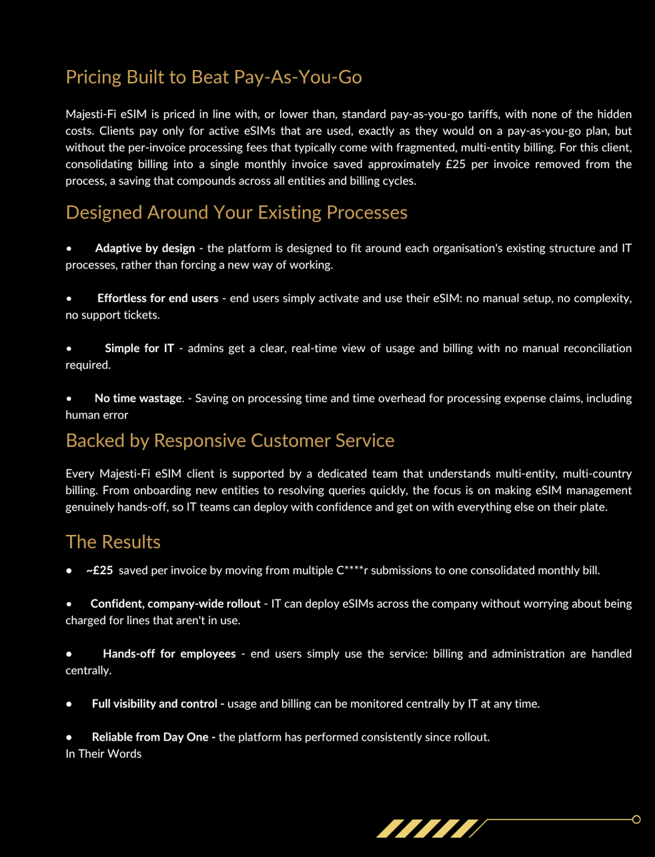 MajestiFi's tweet photo. A global publishing house replaced fragmented per-invoice billing with one consolidated bill, usage-based pricing and full visibility, saving ~£25 per invoice per traveller. Case study 👇
#eSIM #EnterpriseeSIM #BusinessTravel #GlobalConnectivity #EnterpriseIT #ITLeadership #TelecomManagement #MobileConnectivity #DigitalTransformation #BusinessTechnology #CorporateTravel #TravelTech #MobilityManagement #ITOperations #ExpenseManagement #CostSavings #Procurement #FinanceTransformation #GlobalBusiness #BusinessEfficiency #EnterpriseMobility #RemoteWork #InternationalBusiness #TechnologySolutions #ManagedServices #Roaming #BusinessCommunications #CaseStudy #CustomerSuccess #MajestiFi