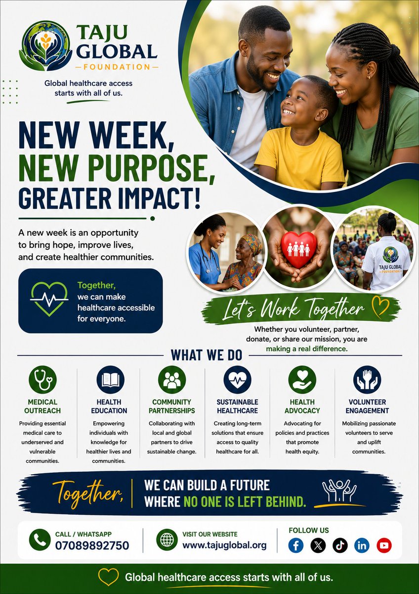 TajuGlobal's tweet photo. New week. New purpose. 
Let's make this week count by promoting healthier communities and expanding access to quality healthcare. Together, we can make a difference.
📷 07089892750
📷 https://t.co/ChKPJIUzpc⁠
#NewWeek #HealthcareForAll #TajuGlobalFoundation https://t.co/l1kINyfFC9