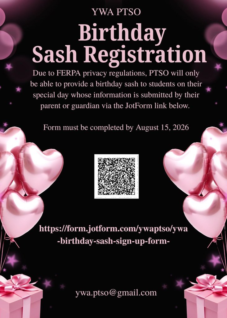 YWAWarriors's tweet photo. 📣 YWA Families!

Our YWA PTSO is gearing up for an amazing school year! 💗🖤 Check out the attached flyers to:
🎉 Opt in for Birthday Sashes
💗 Become a PTSO Member
🙋 Sign up to Volunteer

Thank you for supporting our Warriors! #WeAreYWA https://t.co/nj0M4OmQMu