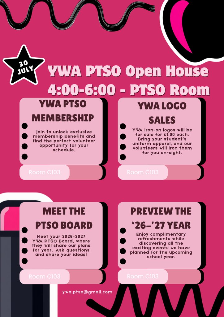 YWAWarriors's tweet photo. 📣 YWA Families!

Our YWA PTSO is gearing up for an amazing school year! 💗🖤 Check out the attached flyers to:
🎉 Opt in for Birthday Sashes
💗 Become a PTSO Member
🙋 Sign up to Volunteer

Thank you for supporting our Warriors! #WeAreYWA https://t.co/nj0M4OmQMu