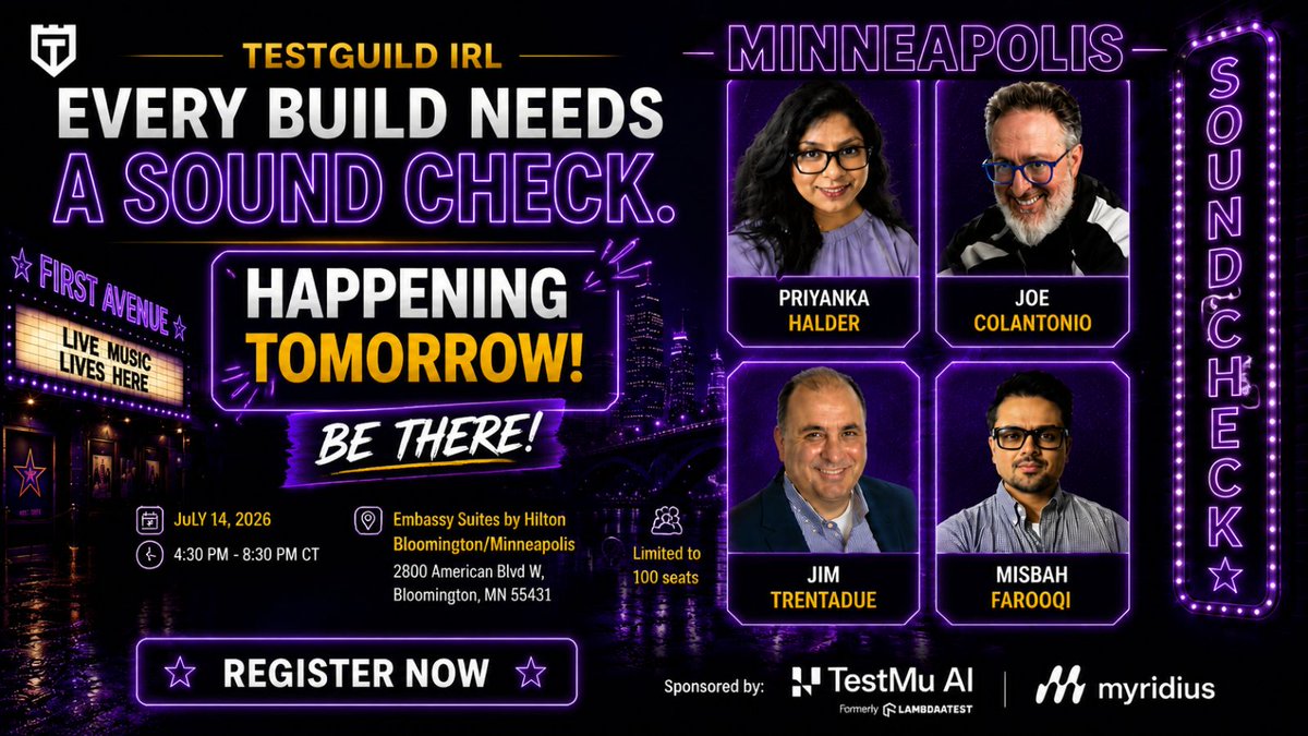 joecolantonio's tweet photo. ⏰ Tomorrow we're bringing together software testers, automation engineers, and QA leaders for an evening of real conversations about AI-powered testing, quality engineering, automation, and what's actually working in the field today. Grab your seat while they're still available. 🔗 https://t.co/G40tVk6DmX #SoftwareTesting #QA #AITesting #TestAutomation @testmuai @testguilds @pri_tech_mom @Misbah57998073