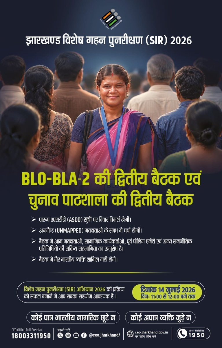 ero_09_JAMTARA's tweet photo. In connection with the Special Intensive Revision for electoral rolls (SIR-2026), the second meeting of BLO & BLA-2 and Chunav Pathsala at every polling station has been scheduled for 14.07.2026 as per the Commission's directions. This meeting is to take place during the second week of the enumeration phase and will involve discussion on 
1. list of unmapped electors 
2. discussions over preparation and 
     finalization of ASDD list 
3. verification of absent/untraceable 
     electors & marking of uncollectable 
     forms through BLO app.
4. an appeal for active participation of 
     electors, representatives of political 
     parties, social workers etc.

In the light of the above, a meeting was held, today on 13.07.2026, with the representatives of recognized political parties and their authorized person (BLA-1) of the 09-Jamtara AC and were informed about the meeting scheduled for tomorrow at each polling station.
Additionally, the information displayed on the poster was read out and it was emphasized that everyone's cooperation is essential to ensure the success of the SIR-2026. The distinguished members present at the meeting were provided with a detailed explanation of the various sections of the enumeration form, specifically addressing feedback regarding experiences during the enumeration phase and the difficulties encountered in filling out the forms. #JharkhandSIR @Deo_Jamtara @ceojharkhand #SIR2026 #iprdjharkhand