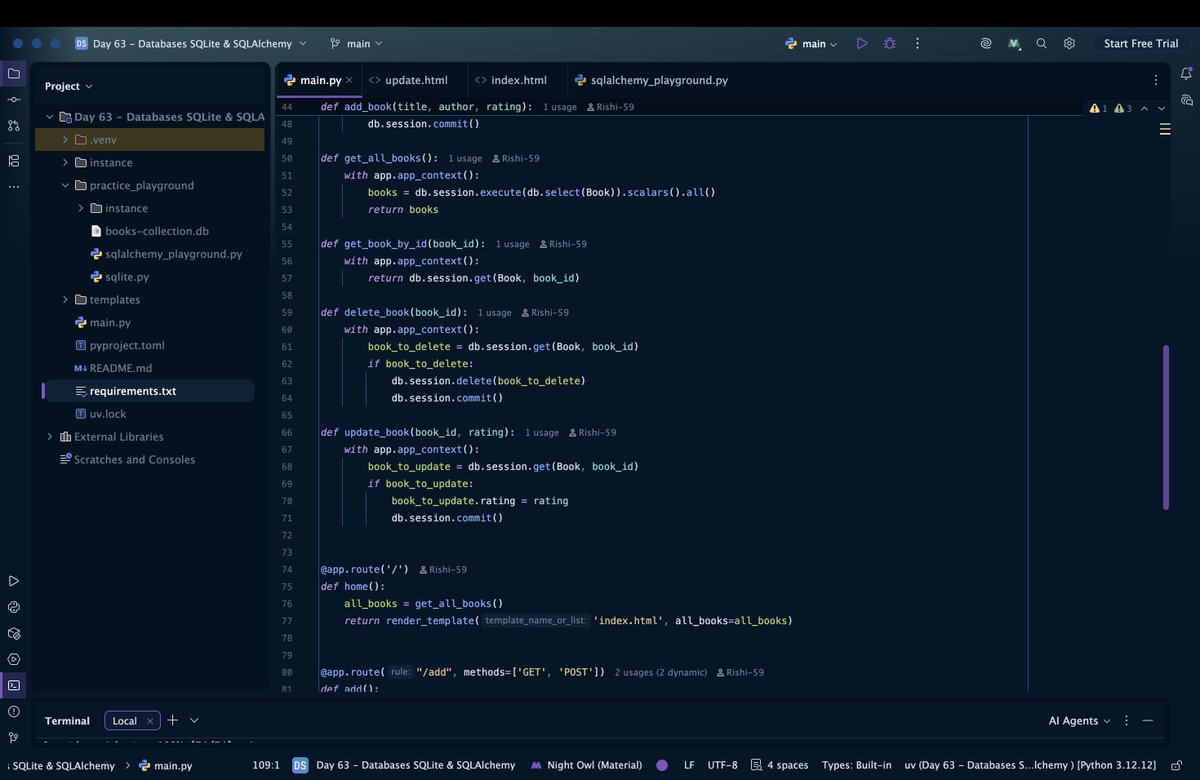 Rishi__0059's tweet photo. #100DaysOfCode (Python) 🧑💻
📷Day 63/100
Built a beginner-friendly Flask + SQLAlchemy CRUD app to manage a books collection with SQLite — auto-creates the DB and uses POST-safe deletes. #Flask #Python #SQLAlchemy
GitHub - https://t.co/6Nld5Zcw3s https://t.co/vwYkoJeVrT