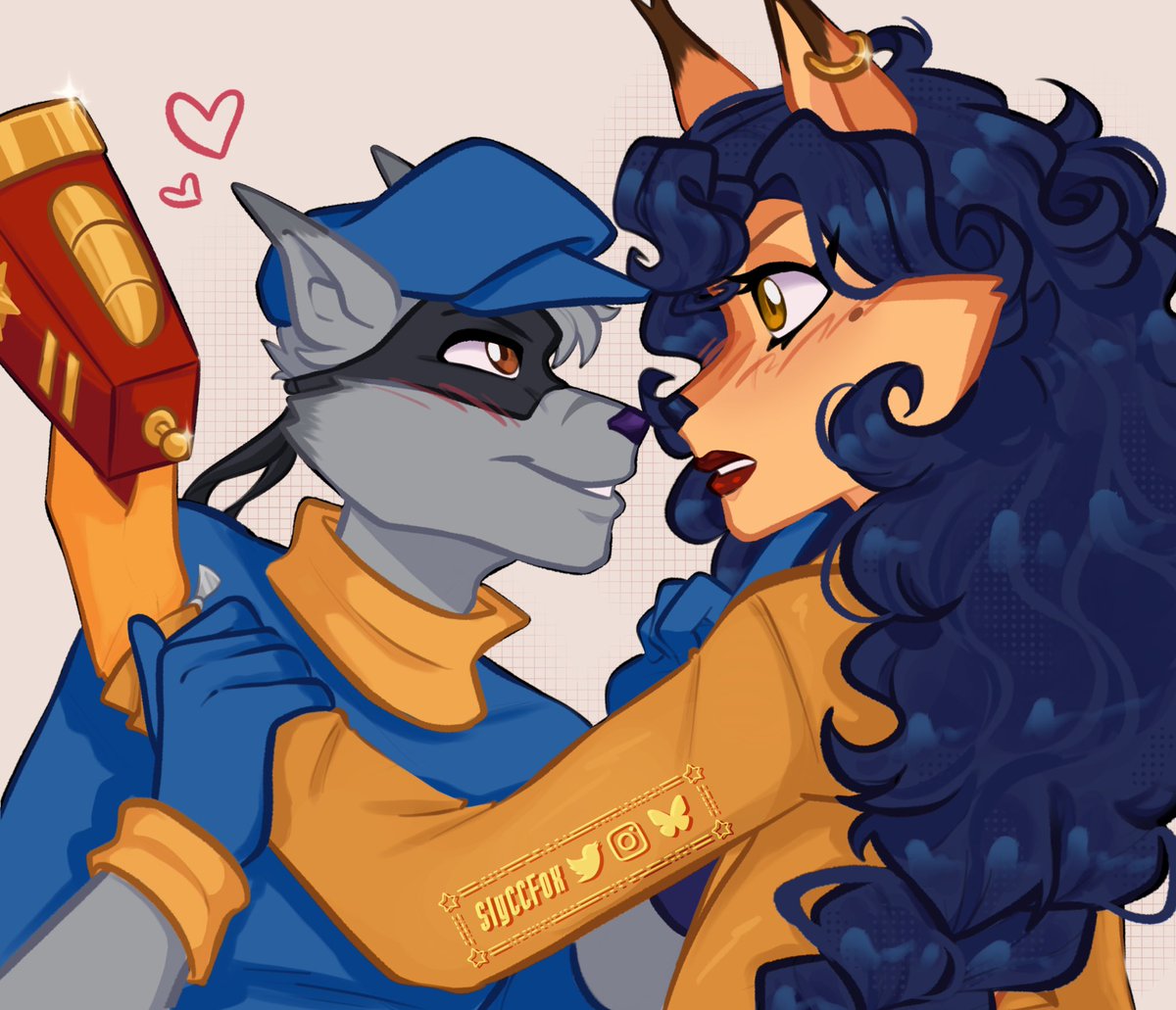 SlyC_CFox's tweet photo. They can’t resist one another 🤭💙🧡

{Tried something new with the rendering of the hair and I don’t quite know how I feel about it yet}
Also tried to fix their side profiles a bit ✨

#slycooper #carmelitafox #fanart https://t.co/eJVfrmOTQn