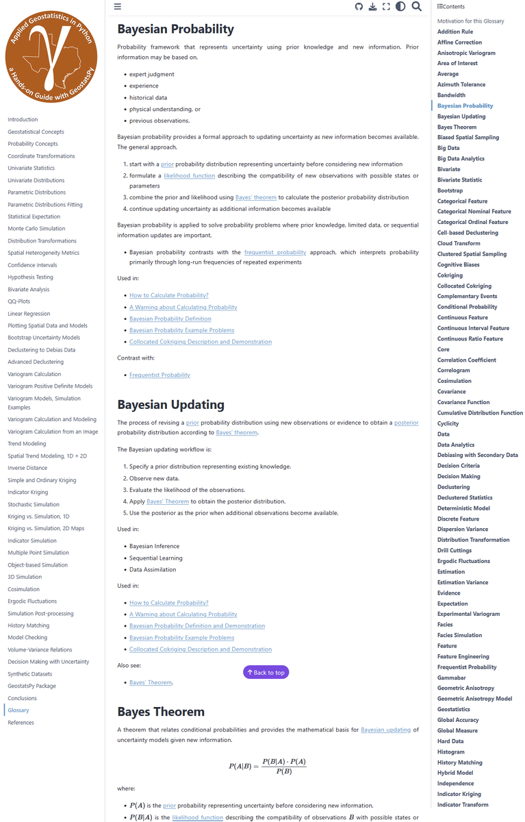 GeostatsGuy's tweet photo. 📚 I'm stoked to share this!

It was a labor of love ❤️. What began as a resource requested by my students has grown into a comprehensive glossary of data analytics and geostatistics, with every term cross-referenced to my free e-book, complete with theory, interactive demonstrations, Python code, and links to my YouTube lectures.

I'm thrilled that it's become a strong learning resource for students, practitioners, and educators alike. 🚀

Check it out and let me know what you think! 👇

https://t.co/dgjNwFEQgb

#DataAnalytics #MachineLearning #Geostatistics #Python #OpenEducation #STEM