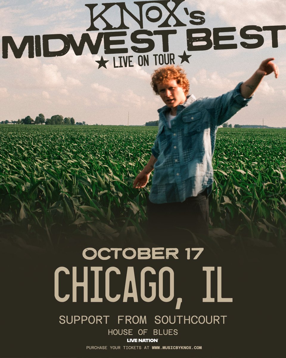HOBChicago's tweet photo. Let's do it again Chicago! @musicbyknox returns to the HOB stage on the Midwest Bets Tour with special guest Southcourt on October 17! 🌽

Tickets go on sale this Thursday 7/16 at 10AM. https://t.co/sjlVUqlvUv https://t.co/Tw1gNHXi9n