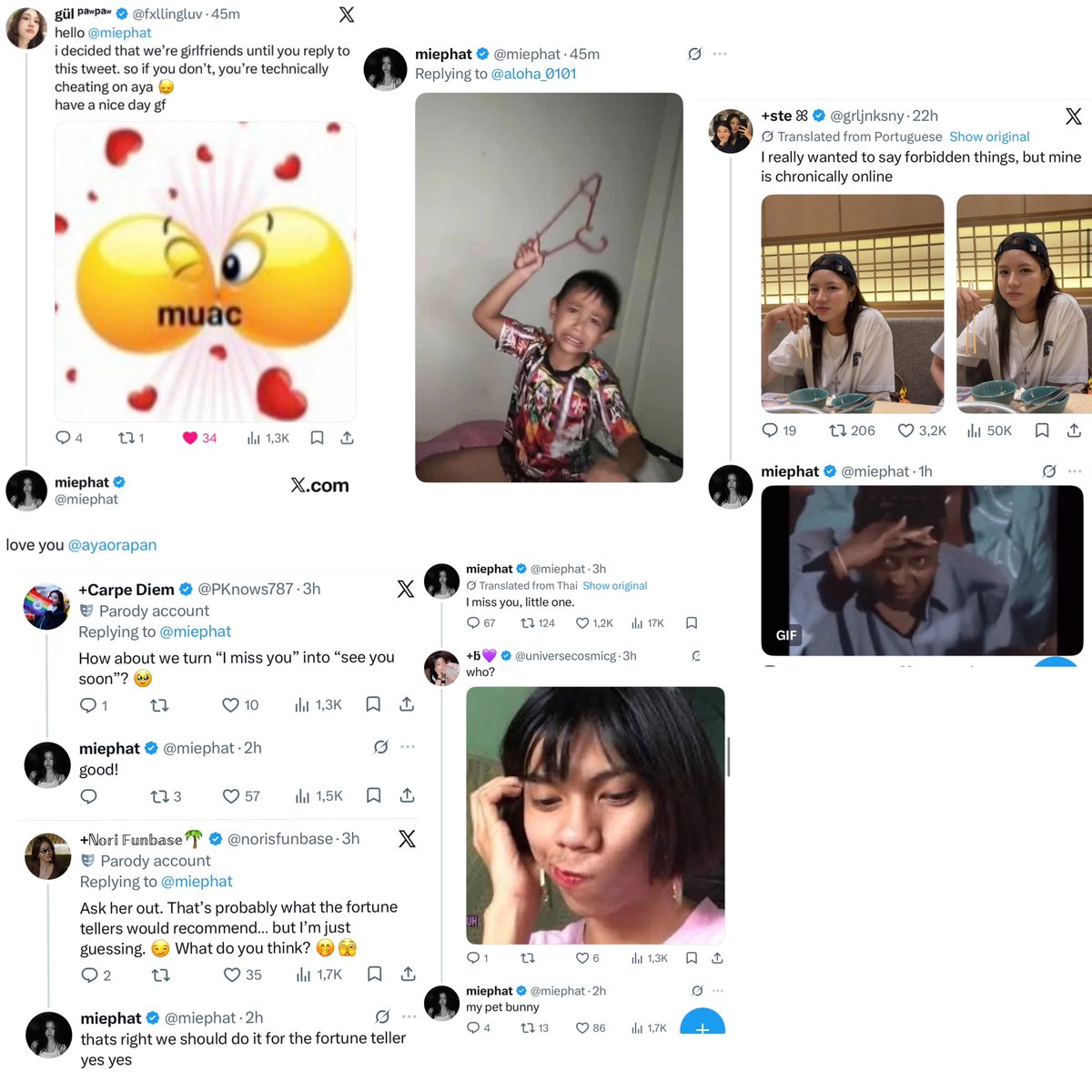 norisfunbase's tweet photo. PlusA Fandom News 📰

• So today, @miephat paid us a visit! (thank you so so much, we laughted soo hard) 
• Yesterday we all agreed that @fxllingluv probably isn’t Mie’s type… and today Mie confirmed it by rejecting her in 11 minutes!! 🤣 Hey Gül, what’s it feel like to finally be in a relationship? 😂

• Meanwhile, Mie wanted beat @aloha_0101 with a clothes hanger because she kept teasing her about an old story… excellent work, Rabit Teeraaak 🐰🤣

• Since neither Aloha nor Gül has any chance with Mie, they’ve decided to give each other a shot instead and create Blank 2.0. 😂

• As for @grljnksny, @universecosmicg @PKnows787 and Me… we might still avoid getting blocked by Mie (maybe). Fingers crossed! 🤞🤣
Stay tuned….
#MieAya #miephat #AyaOrapan #PlusA