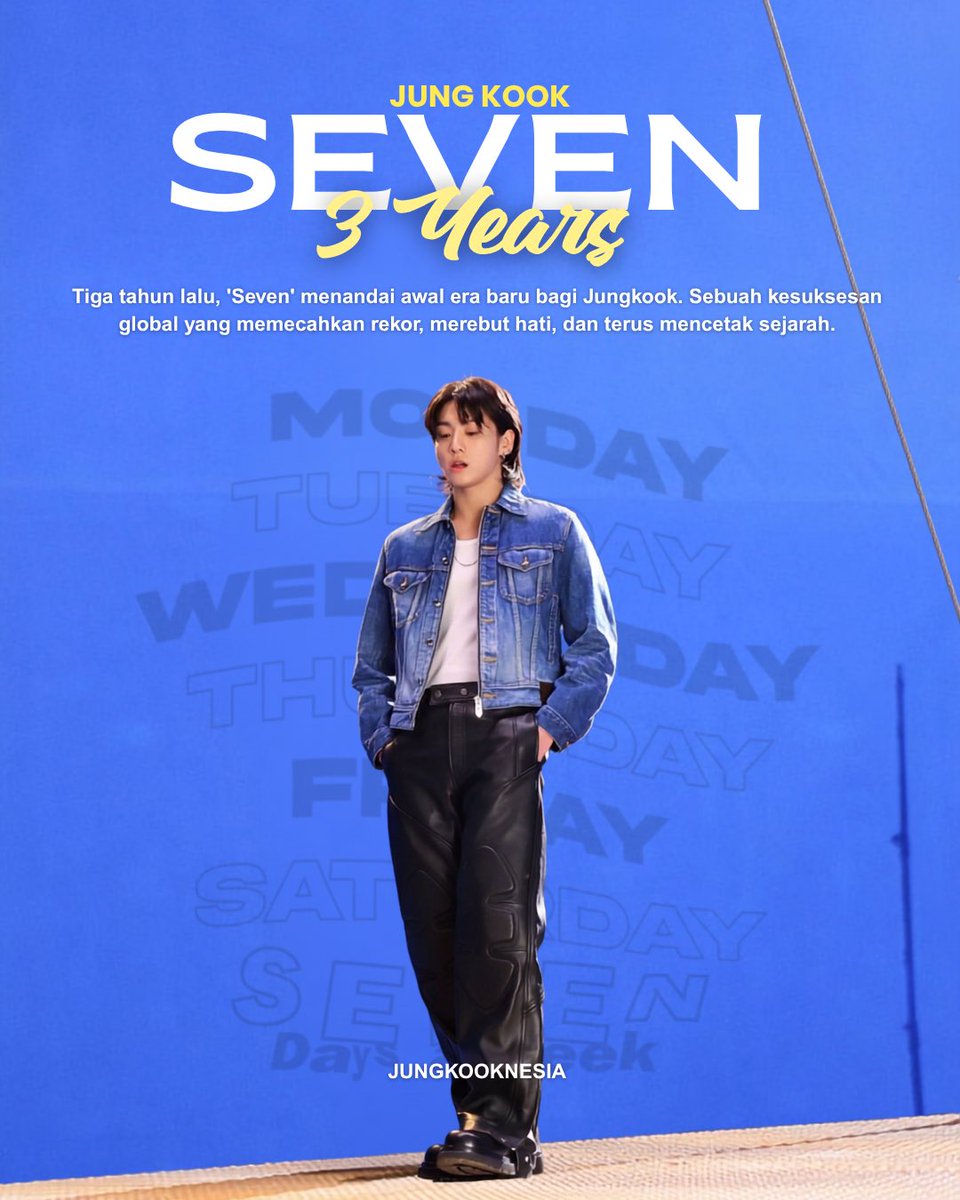 Jungkooknesia's tweet photo. 3 tahun sejak perilisan ‘Seven’, sebuah lagu yang menggemparkan industri musik, memecahkan rekor yang tak terhitung jumlahnya dan membuat banyak rekor baru.

Lagu ini menjadi awal dari kesuksesan debut solo global Jungkook yang menandai awal dari era baru, mengungkapkan semua bakat, karisma, dan kehadiran unik Jungkook sebagai artis solo 

3 YEARS WITH SEVEN 
#3YearsWithSeven 
#정국아_세븐3주년_축하해
