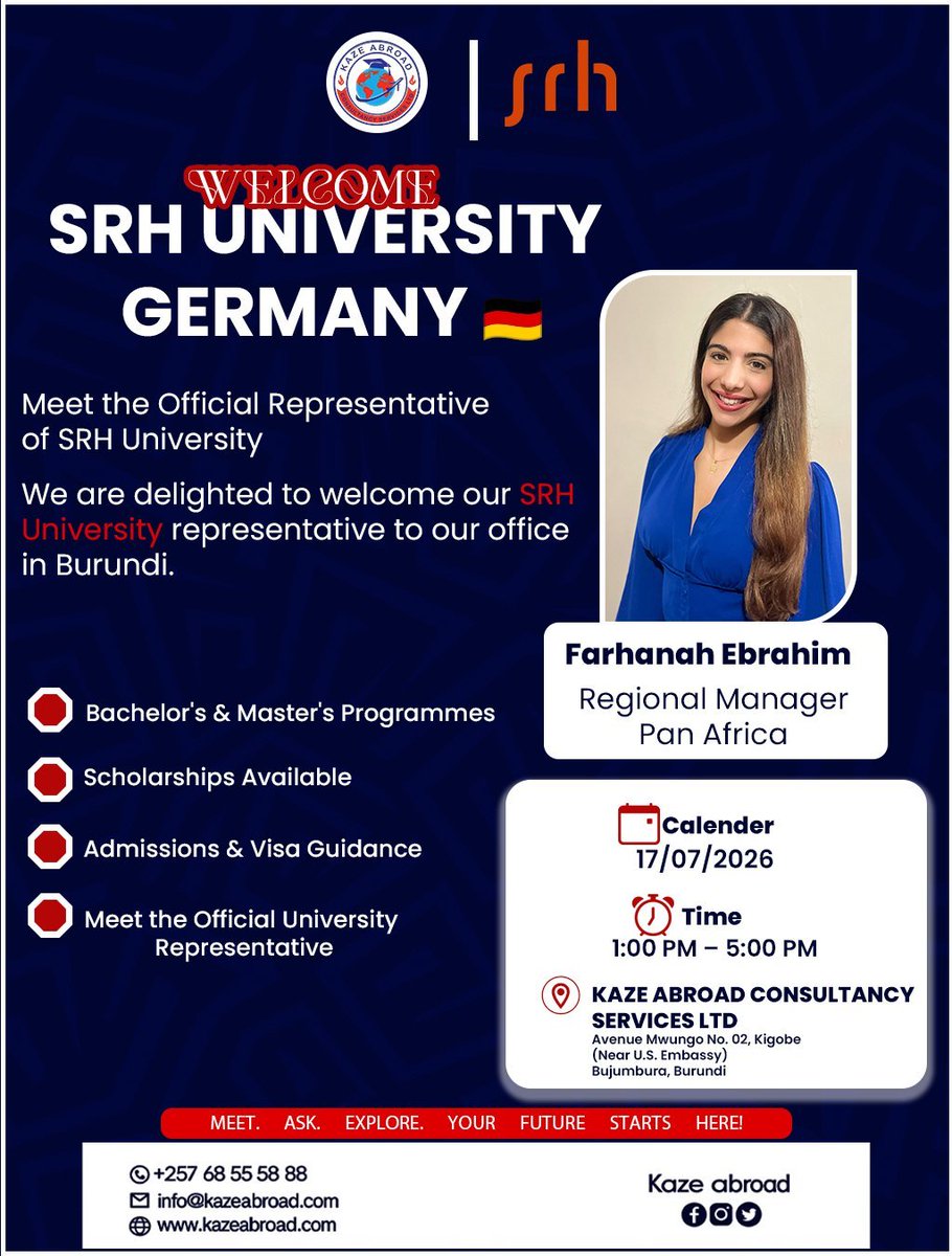 Sir_Umuhirwaa2's tweet photo. Une opportunité à ne pas manquer ! 
✈️🇩🇪

Rejoignez-nous le 17 juillet pour une rencontre exclusive avec la représentante officielle de SRH University Germany. 

📍 Avenue Mwungo No. 02,kigobe ( Near U.S. Embassy ) @kaze_abroad https://t.co/oylM4CoRYu