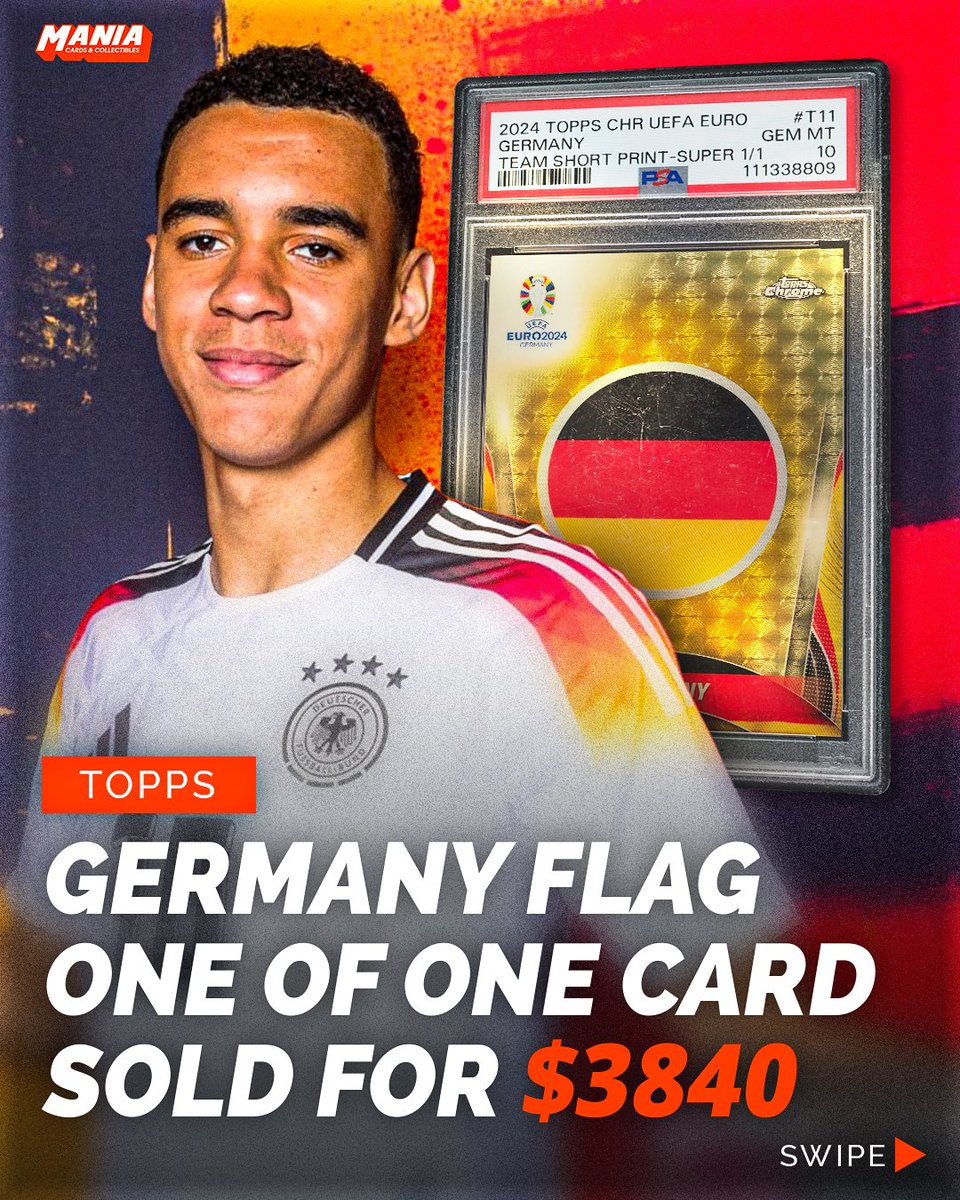 ManiaCollect's tweet photo. Would you pay $3,840 for a card with no player on it? 🤔

That's exactly what happened with this 2024 Topps Chrome UEFA Euro Germany Team Short Print 1/1. https://t.co/3iuLJHNMJl