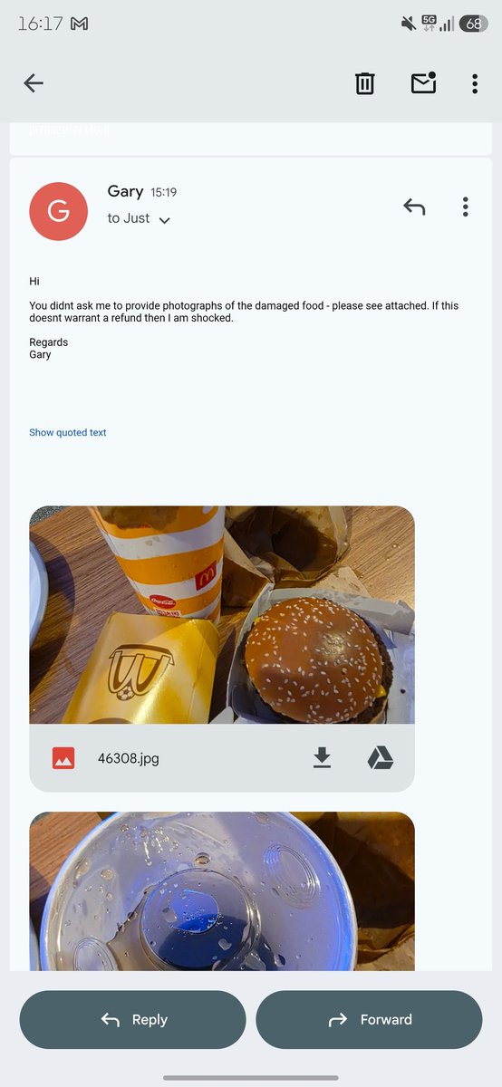 GPSherms's tweet photo. .@JustEatUK appalling customer service. Refused my complaint without asking pictures and even after submitting photos of the food that had been ruined in transit, was denied not only once, but again after appeal. What my order history has to do with it I don't know. https://t.co/fVPcjRzwhy