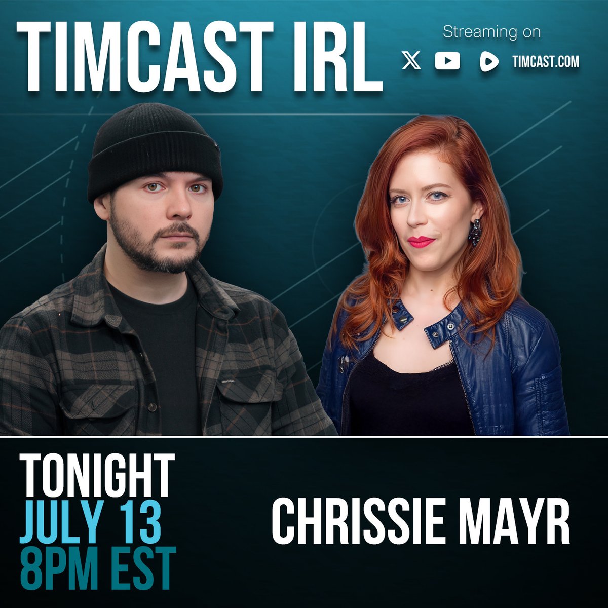 TimcastNews's tweet photo. TONIGHT on Timcast IRL | Chrissie Mayr
@ChrissieMayr  

Watch LIVE at 8pm ET on Rumble, YouTube, X &amp; Facebook https://t.co/SGXoLEIQzM