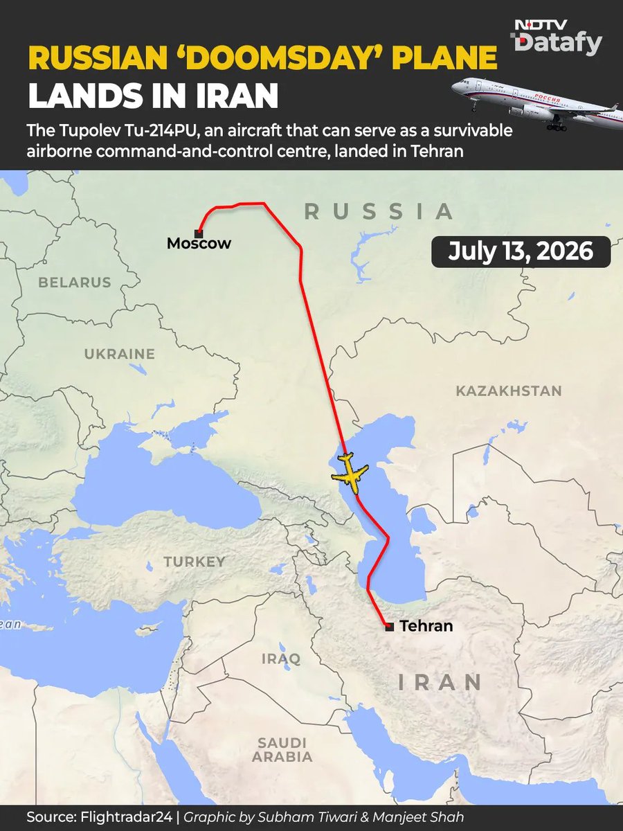 NDTVWorld's tweet photo. #Datafy | Russian 'Doomsday' Plane Lands In Iran Amid Conflict, Sparks Curiosity
https://t.co/evIhB257cf https://t.co/fsZPE6VtMw
