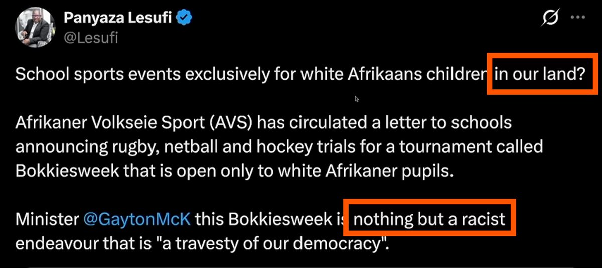 Recon1_ZA's tweet photo. Panyaza Lesufi makes it very clear at the beginning of his post that "white Afrikaans children" are not part of "his land".

He could have typed South Africa instead, but instead opted for "our land."

There is a racist in the room.
It is the one rejecting that white South African kids are South African.
