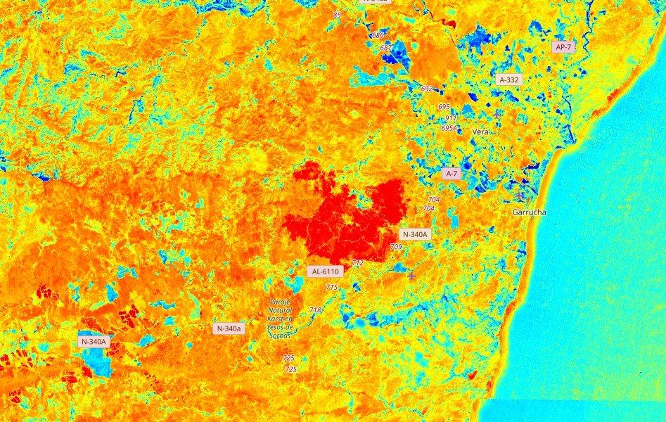 emadinformaCV's tweet photo. 🔥 Incendio de #LosGallardos, captado por el satélite #Copernicus. Tras arrasar más de 7.000 hectáreas, el fuego está estabilizado y el perímetro no creció durante la noche. Actividad del fuego mínima, pero máxima precaución #Incendio #Almería https://t.co/xPyROi3Iy5