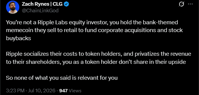 The_dude__80's tweet photo. Is this guy serious? 

Chainlink Labs has sold over $5B in $Link tokens over the years to fund their tech company. Said company's offchain revenue is not shared with token investors (donors), whom have zero recourse. 

Meanwhile the $Link token is down 85% from 2021 levels. https://t.co/Xf3ZzZRCFk