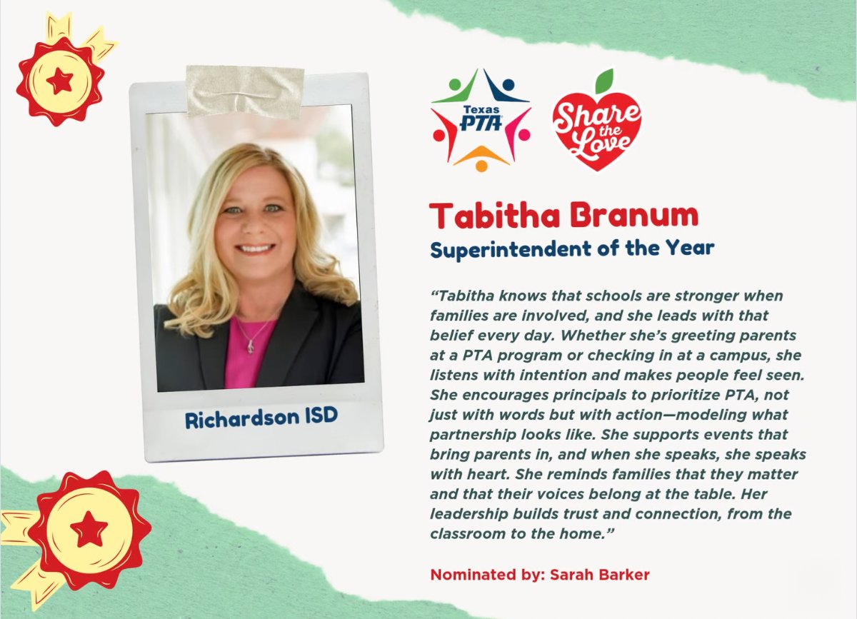 RichardsonISD's tweet photo. 🎉 🎊 Please join us in celebrating our amazing Superintendent @IamBranum for being named Superintendent of the Year by @txstatepta!  🎉 🎊 

This weekend, she was honored at the state #TXPTALAUNCH26 leadership conference during the 2026 Outstanding Educator Awards. 

This well-deserved honor reflects her unwavering commitment to going above and beyond to back the future for every child! Her vision, leadership, and genuine heart for the Richardson ISD community have created a culture where every student is supported and can reach their growth goals.  

We are so proud to celebrate her leadership and the example she sets for our @risdpta community!