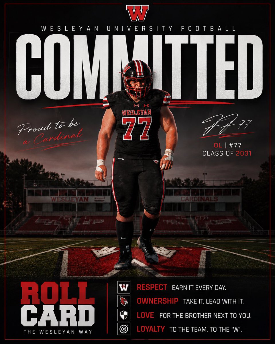 JacksonEichen77's tweet photo. After much thought and prayer, I’m blessed to announce my commitment to the admissions process at Wesleyan University!

Thank you to my parents for their endless love and support. Thank you to everyone at PACT Performance—especially Coach Fielding, Coach Osho, and Coach Clifford—for helping me develop as an offensive lineman, and to Coach Hill for teaching me the mental side of the game.

Thank you to the Wesleyan coaching staff for believing in me and giving me the opportunity to compete at a high level. I’m excited to get to work!

Roll Cards! 🔴⚫️ #Committed #GoWes #ClassOf2031

@Coach_Boria @GardnerCousins1 @PactPerformance @CoachFielding @Coach_Lud @CoachDiCenzo @sixstarfootball