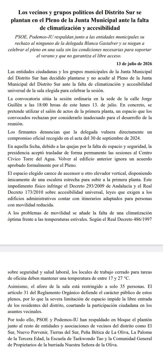 ismaelsc_'s tweet photo. El Gobierno del PP pretende celebrar el Pleno del Distrito Sur en una sala sin climatización adecuada, sin ascensor y con un aforo que limita la participación vecinal, incumpliendo además un acuerdo previo.

Nos plantamos: la participación debe ser accesible, segura y digna. https://t.co/rLBareerRV