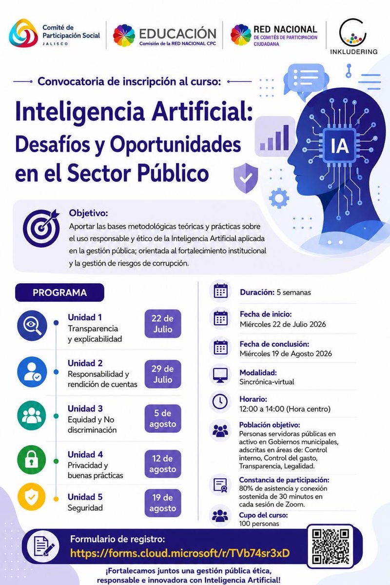 MabelHdezM's tweet photo. ¿Trabajas en el sector público👩🏽‍💻y quieres comprender cómo utilizar la inteligencia artificial de forma ética y responsable?

El curso gratuito "Inteligencia Artificial: Desafíos y Oportunidades en el Sector Público" abordará temas como transparencia, explicabilidad, rendición de cuentas, equidad, privacidad y seguridad en el uso de la IA.

⚠️ El cupo es limitado. Regístrate aquí: https://t.co/aOzsTPrh3P.