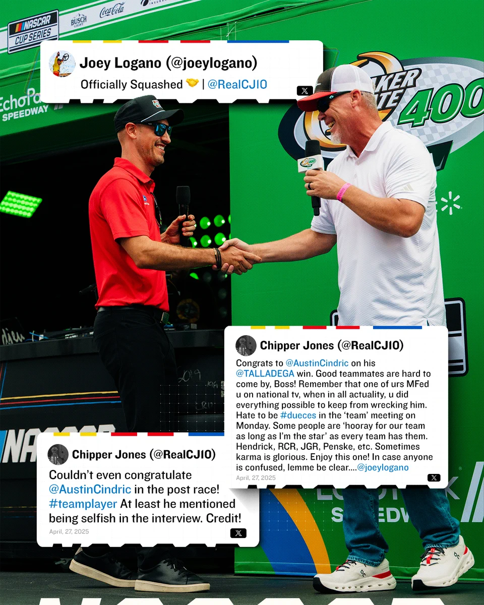 Joey Logano and Chipper Jones shake hands during driver intros at EchoPark Speedway. A post from Joey Logano reads "Officially Squashed."