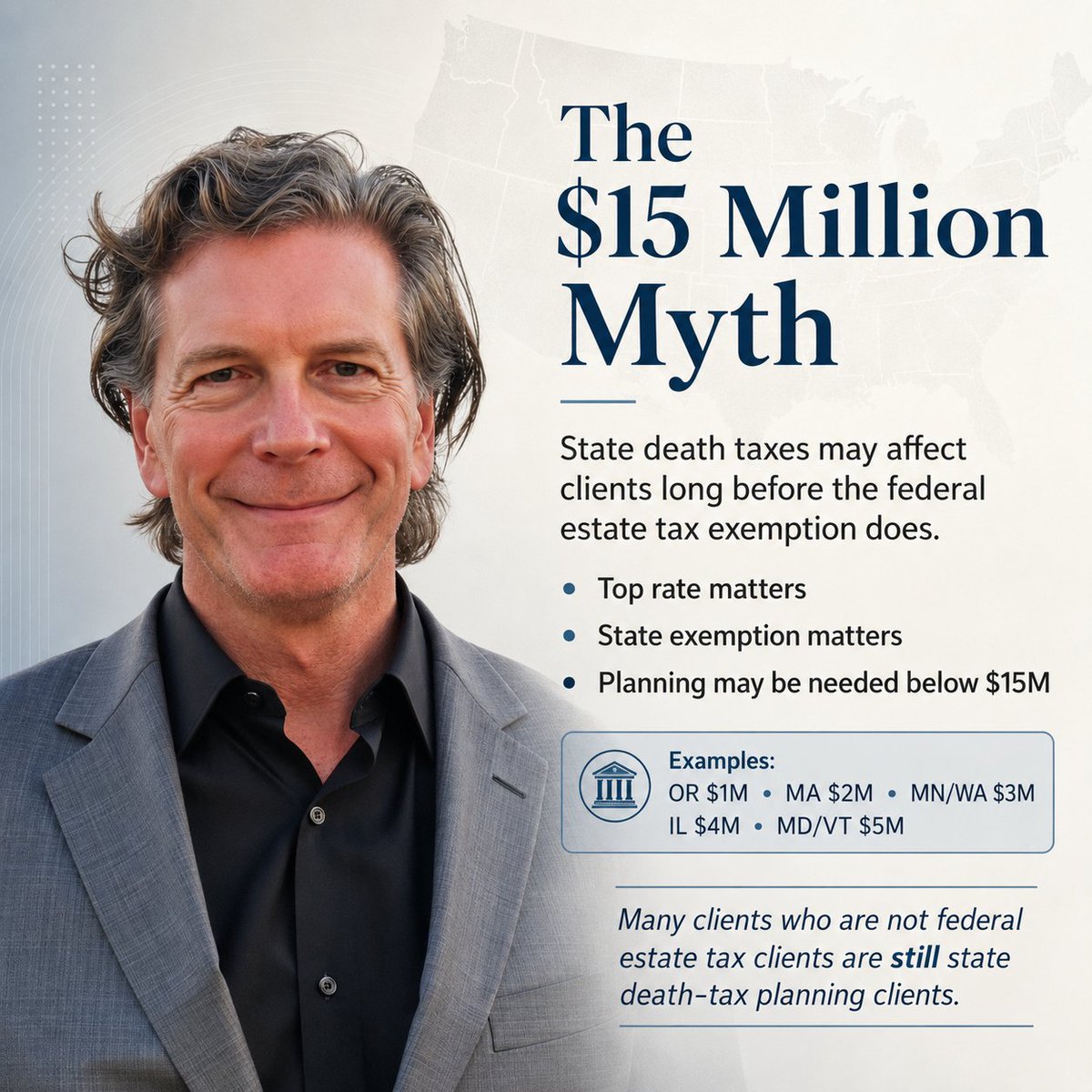 turnipseed22's tweet photo. The $15 Million Myth in Estate Tax Planning

Many clients who are not “federal estate tax clients” are still very much “state death-tax planning clients.”

That is an important point that often gets missed.

With the federal estate tax exemption at $15 million, many advisors understandably focus on ultra-high-net-worth clients. But federal estate tax exposure is not the only planning trigger.

Many states have estate tax or inheritance tax thresholds far below the federal exemption.

For example:

• Oregon: $1 million threshold
• Massachusetts: $2 million threshold
• Minnesota and Washington: $3 million thresholds
• Illinois: $4 million threshold
• Maryland and Vermont: $5 million thresholds

A client with a $3 million, $5 million, $7 million, or $10 million estate may be well below the federal exemption but still have a real state death-tax problem.

Both numbers matter:

• The top rate shows the severity of the tax. Several jurisdictions impose estate or inheritance tax rates in the 16% to 20% range.

• The exemption amount shows how early planning may be needed. In some states, the planning conversation starts long before a client approaches the federal exemption.

Properly structured irrevocable trusts can be an important part of that planning. In appropriate cases, they may remove future appreciation, and sometimes existing assets, from the taxable estate for federal estate tax purposes and, depending on the state and structure, for state estate tax or inheritance tax purposes as well.

This can be especially relevant for clients in high-tax or low-exemption jurisdictions who want to:

• Reduce estate exposure
• Shift future appreciation
• Improve asset location
• Add asset protection
• Create a more durable multigenerational structure
• Use modern directed trust and dynasty trust planning

The planning conversation should not stop at the federal exemption.

State death taxes may bring many more clients into the planning conversation than advisors realize.

#EstatePlanning #TrustsAndEstates #TaxPlanning #WealthPlanning #IrrevocableTrusts #EstateTax #InheritanceTax #SouthDakotaTrusts #AdvisorEducation