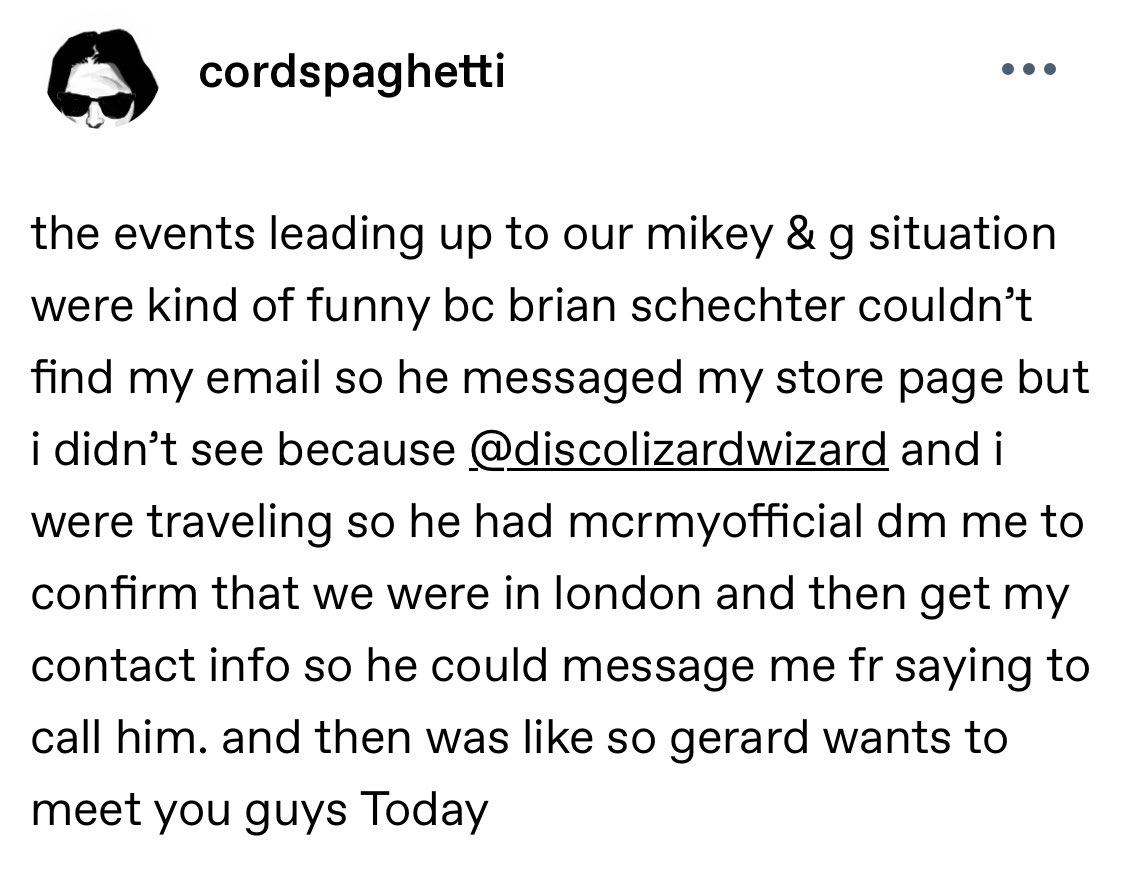 gwayupdates's tweet photo. also this has been making me giggle bc brian schechter really chased them down bc he didnt get any replies to his emails like wow gerard and mikey Really wanted to meet them :,) https://t.co/SejY5bksDW