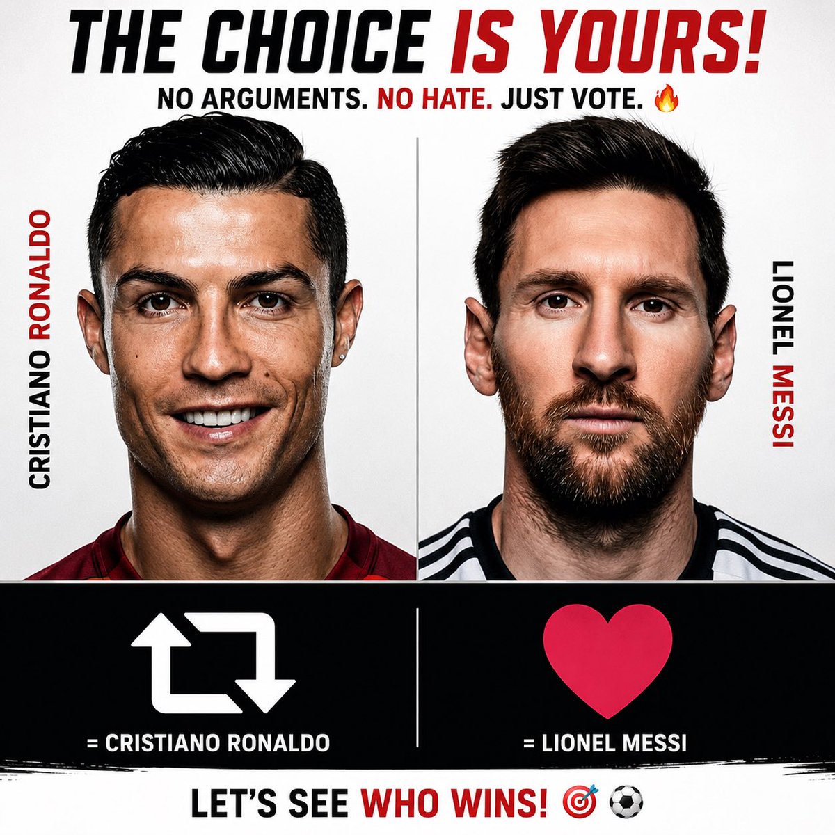 Footballxone's tweet photo. 🔄 = Cristiano Ronaldo 🐐
❤️ = Lionel Messi 🐐

No debates. No hate. Just vote. 👇
Let’s see who has the stronger fanbase! ⚽🔥 https://t.co/4sBO68wFAT