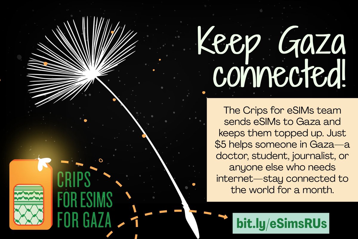 Crisps4eSims's tweet photo. Crips for eSIMs for Gaza is still sending eSIMs!

The average eSIM is about $5 for a month. Clicking a recurring option makes sure eSIMs remain connected and topped-up 🩵 

USD: https://t.co/N6ij8T1Iey
GBP: https://t.co/EW9QKIJMYW 
CAD/other: https://t.co/zMi7pvEGDC https://t.co/hft5EUwVu8