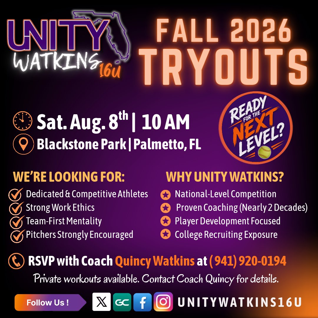 PowerSBWatkins's tweet photo. 🥎 UNITY WATKINS 16U FALL TRYOUTS 🥎

We're looking for a few athletes with a 💪🏽 work ethic that want to compete at a ⬆️ level. Pitchers strongly encouraged.

📅 Aug. 8 | 🕙 10:00 AM
📍 Blackstone Park | Palmetto, FL

RSVP with Coach Quincy to reserve your spot or for questions. https://t.co/wfJo3wRn4R
