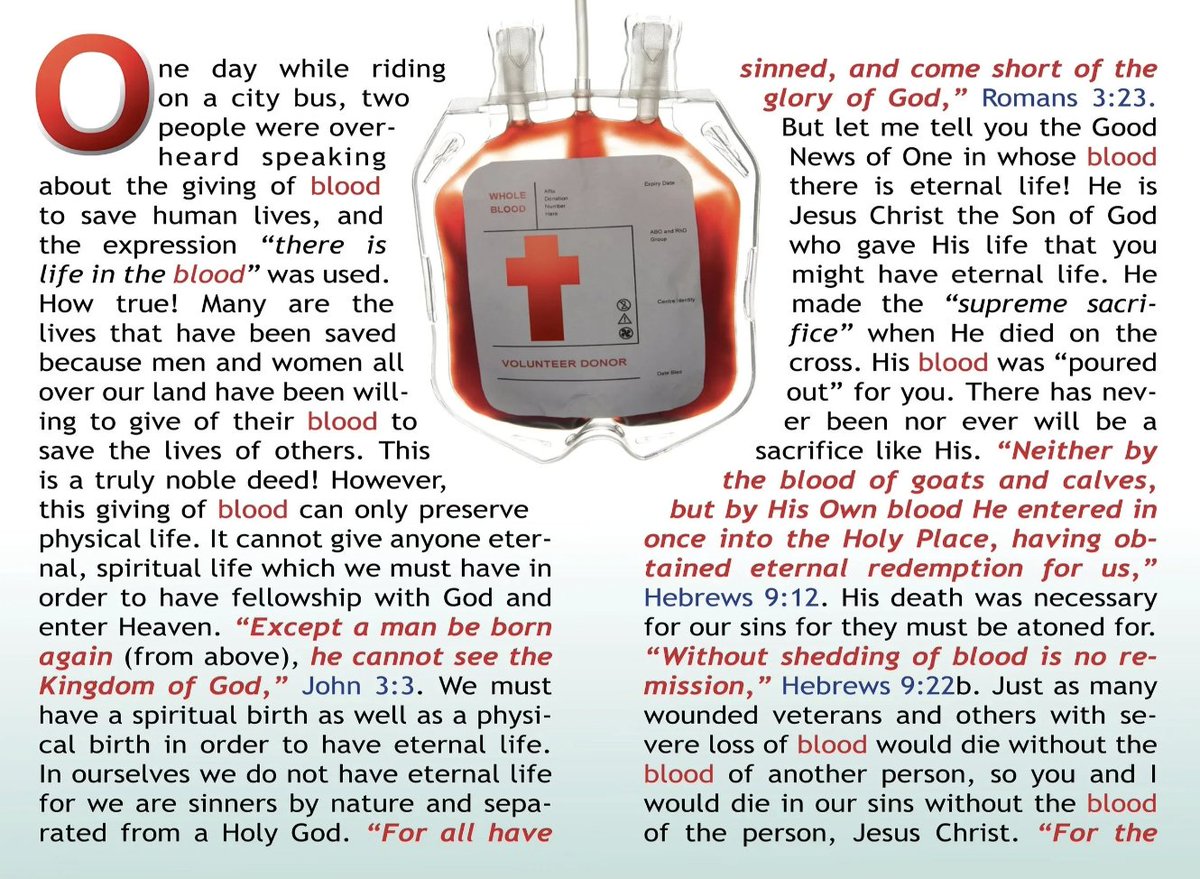 GOSPELTRACTSOC's tweet photo. 🩸 LIFE is in the Blood 🩸
Blood can save a life, but only the blood of Jesus Christ can give eternal life.
This Gospel tract shares the life-changing truth that forgiveness, redemption, and everlasting hope. https://t.co/8vJEfvwTWa
#GospelTractSociety #LifeInTheBlood #JesusSaves https://t.co/w4MbUkCmLq