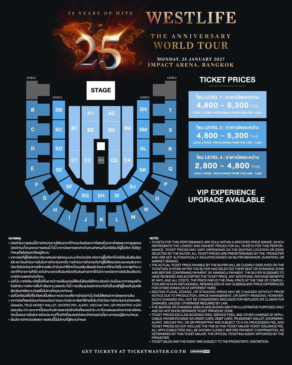 livenationth's tweet photo. And Oh My Love ~ ย้อนความทรงจำวันกรอเทป ด้วยคอนเสิร์ตฉลอง 25 ปี Westlife 📼
WESTLIFE 25: THE ANNIVERSARY WORLD TOUR
🗓 เปิดแสดง จันทร์ที่ 25 ม.ค. 2570📍อิมแพ็ค อารีน่า

🎫 จำหน่ายบัตร
• พรีเซลมาสเตอร์การ์ด: 20 ก.ค. (10:00 - 22:00 น.) ที่ https://t.co/kSTJvctbuE
• พรีเซลไลฟ์ เนชั่น เทโร: 21 ก.ค. (10:00 - 22:00 น.) ที่ https://t.co/WXnaApmSCc เท่านั้น สมัครสมาชิกฟรี!
• จำหน่ายบัตรทั่วไป: 22 ก.ค. (10:00 น. เป็นต้นไป) ที่ https://t.co/kSTJvctbuE

📌 หมายเหตุ:
• ผู้ชม 1 ท่าน ต้องใช้ 1 ชื่อ-นามสกุล ที่พิมพ์ด้วยตัวอักษรภาษาอังกฤษ ต่อบัตร 1 ใบ (ห้ามใช้ชื่อซ้ำ)
• การซื้อบัตรทางเว็บไซต์ในวันที่ 20 ก.ค. - 22 ก.ค. 2569 โปรดกดรับคิวซื้อบัตรได้ที่หน้าเว็บไซต์ https://t.co/HaijSfRxeo ล่วงหน้า 1 ชั่วโมงก่อนเปิดจำหน่าย ตรวจสอบขั้นตอนการรับคิวที่ https://t.co/HaijSfRxeo
• รอบพรีเซลเปิดจำหน่ายทุกราคาบัตร โดยมีจำนวนจำกัดในแต่ละรอบ
• การถือบัตรมาสเตอร์การ์ด, ยูโอบี มาสเตอร์การ์ด หรือสมัครสมาชิกเพื่อรับสิทธิ์พรีเซลส์สำหรับไลฟ์ เนชั่น เทโร ไม่ได้เป็นการรับรองว่าท่านจะสามารถซื้อบัตรเข้าชมการแสดงได้แต่อย่างใด ทั้งนี้ขึ้นอยู่กับจำนวนบัตรพรีเซลส์ที่เปิดขายในช่วงเวลานั้น ๆ ด้วย ซื้อก่อนมีสิทธิ์ก่อน
• รอบพรีเซลมาสเตอร์การ์ด: ซื้อบัตรได้ 6 ใบ ต่อ 1 การสั่งซื้อ
• รอบพรีเซลสำหรับไลฟ์ เนชั่น เทโร: ซื้อบัตรได้ 6 ใบ ต่อ 1 การสั่งซื้อ
• รอบจำหน่ายบัตรทั่วไป: ซื้อบัตรได้ 6 ใบ ต่อ 1 การสั่งซื้อ
• การมองเห็นในบางโซนและบางที่นั่งอาจถูกจำกัด เนื่องจากรูปแบบของการแสดง โครงสร้างของเวที รวมไปถึงอุปกรณ์ต่างๆ จากการแสดง ขอสงวนสิทธิ์ในการยกเลิกหรือขอเงินคืนจากเหตุผลดังกล่าว
• ไม่อนุญาตให้ผู้ชมอายุต่ำกว่า 12 ปีเข้าชมการแสดง สำหรับผู้ชมที่อายุต่ำกว่า 16 ปีควรมีผู้ปกครองดูแล
•⁠ เงื่อนไขเป็นไปตามที่ผู้จัดฯ กำหนด ⁠สงวนสิทธิ์ในการเปลี่ยนแปลงแก้ไขโดยไม่จำเป็นต้องแจ้งให้ทราบล่วงหน้า

And Oh My Love ~ Take a trip down memory lane to the days of rewinding cassette tapes with Westlife 📼
WESTLIFE 25: THE ANNIVERSARY WORLD TOUR
🗓 Monday, 25 January 2027📍 IMPACT Arena, Bangkok

🎫 Ticket Sales
• Mastercard Presale: 20 July (10:00 AM – 10:00 PM) at https://t.co/kSTJvctbuE
• Live Nation Tero Presale: 21 July (10:00 AM – 10:00 PM) exclusively at https://t.co/WXnaApmSCc. Sign up for free!
• General On Sale: 22 July (from 10:00 AM) at https://t.co/kSTJvctbuE

📌 Note:
• Each attendee must use one English first and last name per ticket (duplicate names are not allowed).
• For online purchases from 20 July - 22 July 2026, please obtain a ticket queue 1 hour before the sale time on the website https://t.co/HaijSfRxeo. Check the queueing process at https://t.co/HaijSfRxeo.
• Presale rounds offer all ticket price categories, with limited availability in each round.
• Holding a Mastercard, UOB Mastercard, or signing up for a Live Nation Tero membership to access the presale does not guarantee that you will be able to purchase tickets. Ticket purchases are subject to the number of presale tickets available during the applicable presale period and will be allocated on a first-come, first-served basis.
• Mastercard Presale: 1 Mastercard can purchase up to 6 tickets per transaction.
• Live Nation Tero Presale: Up to 6 tickets per transaction.
• General OnSale: Up to 6 tickets per transaction.
•⁠ ⁠Views from some areas/seats may be obstructed due to performance design, stage structures, camera and show equipment depending on the location of your seat. Ticket cancellations, changes, or refunds will not be available for view restriction reasons.
• Children under 12 are not allowed to attend the show. Those under 16 should be accompanied by a guardian.
•⁠ ⁠Terms and conditions are subject to change without prior notice. Promoter’s decisions are final.

#WESTLIFE
#WESTLIFE25THEANNIVERSARYTOUR
#WESTLIFE25THEANNIVERSARYBKK
#LiveNationTero