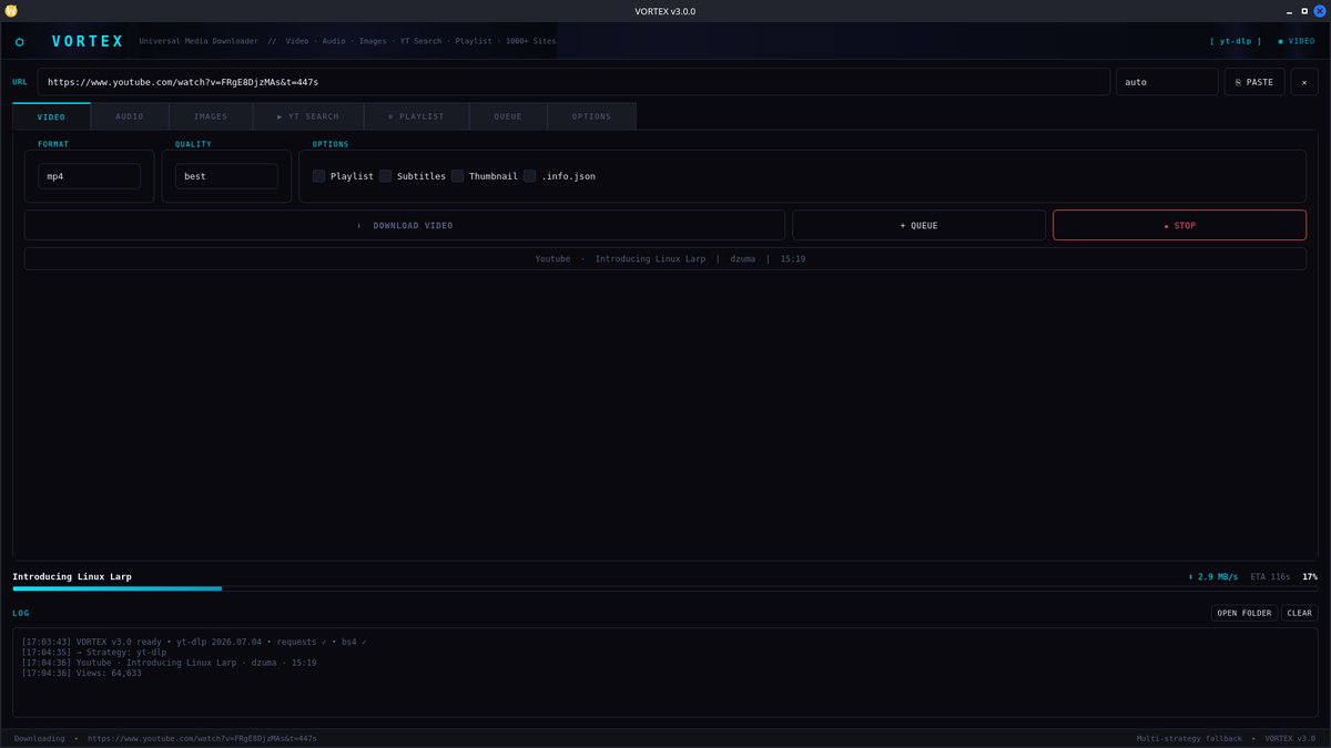 systemfailure03's tweet photo. Built VORTEX 🌀! a dark, terminal-styled desktop app for downloading video/audio/images from 1000+  sites. YT search, playlist batch downloads, multi-strategy fallback engine, all in PyQt5. 🐍
https://t.co/kZkAbhGGQW
#buildinpublic #python #opensource https://t.co/juMkMgV7mH