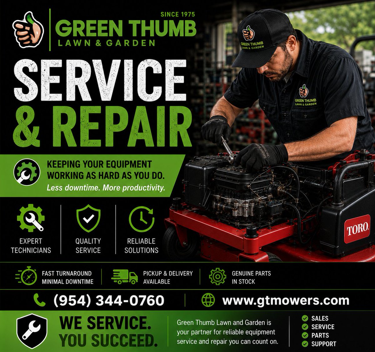 GreenThumbMower's tweet photo. Your equipment works hard—make sure it gets the service it deserves. At Green Thumb, our certified technicians keep your mowers and outdoor power equipment running at peak performance with fast turnaround, genuine parts, and reliable repairs.

We Service. You Succeed. 💪 https://t.co/IjpGOC11Yn