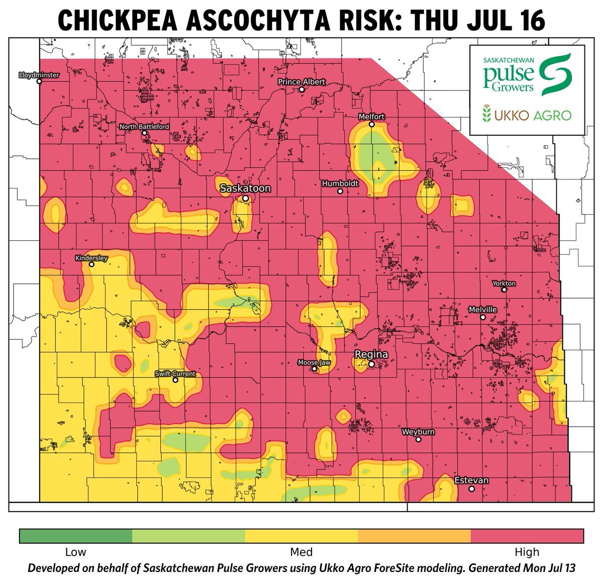 SaskPulse's tweet photo. SK Climate Outlook July 13, 2026 | Chickpea Ascochyta risk map is in from @ukkoag. View lentil Anthracnose and climate maps + commentary from @AgronomistSPG: https://t.co/0Okidp4YrP https://t.co/xp6bGdSoRu