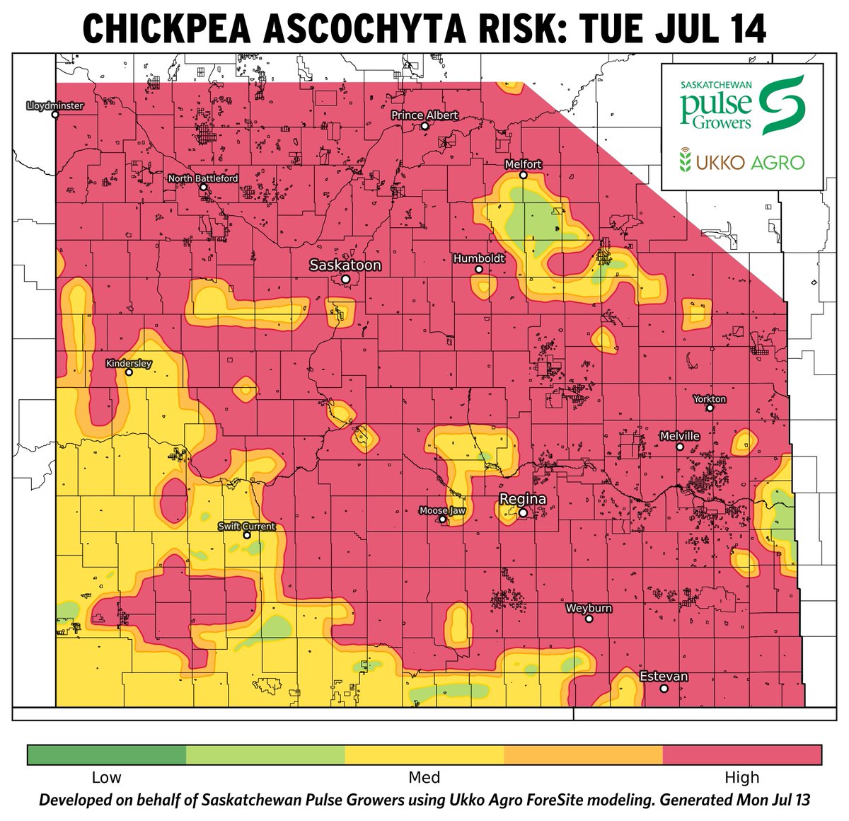 SaskPulse's tweet photo. SK Climate Outlook July 13, 2026 | Chickpea Ascochyta risk map is in from @ukkoag. View lentil Anthracnose and climate maps + commentary from @AgronomistSPG: https://t.co/0Okidp4YrP https://t.co/xp6bGdSoRu