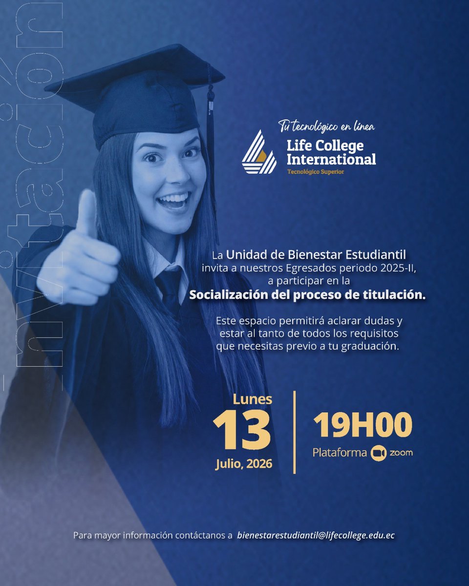 LifeCollegeEc's tweet photo. 🎓 Egresados, están cada vez más cerca de alcanzar su meta.
Participa en la Socialización del Proceso de Titulación y conoce los requisitos para dar el último paso hacia tu graduación.

📅 13 de julio | 🕖 19h00
💻 Plataforma Zoom https://t.co/hVpHgh43xW
