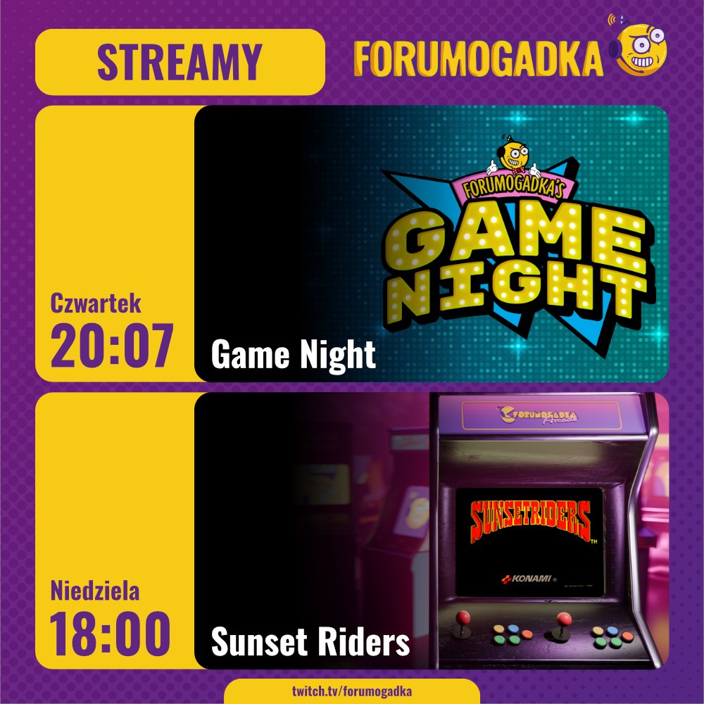 Forumogadka's tweet photo. W czwartek proponujemy kolejny Game Night - quiz w którym wszyscy bierzecie udział! Nie warto się spóźniać!
Na zakończenie tygodnia relaks przy Sunset Riders.
Do zobaczenia na naszym kanale twitch!
#forumogadka #podcast #podkast #twitch #stream #retro #gamenight #arcade https://t.co/gTgC0YRgHo