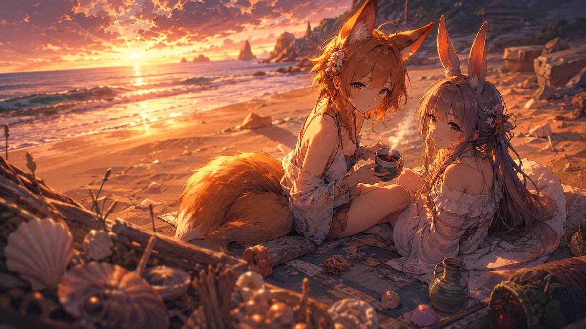 MythicalRealmAi's tweet photo. Two hearts, one sunset, and a moment the ocean will never forget. 🌅🦊🐇✨
#AnimeArt #Anime #DigitalArt #Kemonomimi #SunsetVibes https://t.co/1M9nxYoyP2