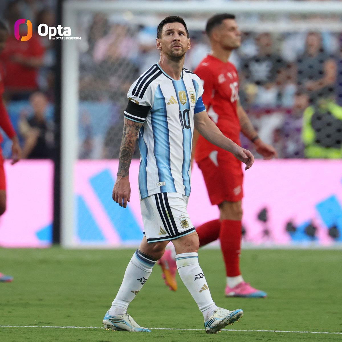 OptaJoe's tweet photo. 5 - There's only been two instances a forward has covered 5km walking in a match at the 2026 World Cup:

5.2km - Lionel Messi vs Cabo Verde
5.3km - Lionel Messi vs Switzerland

Couch. https://t.co/AU0iPFlPgm
