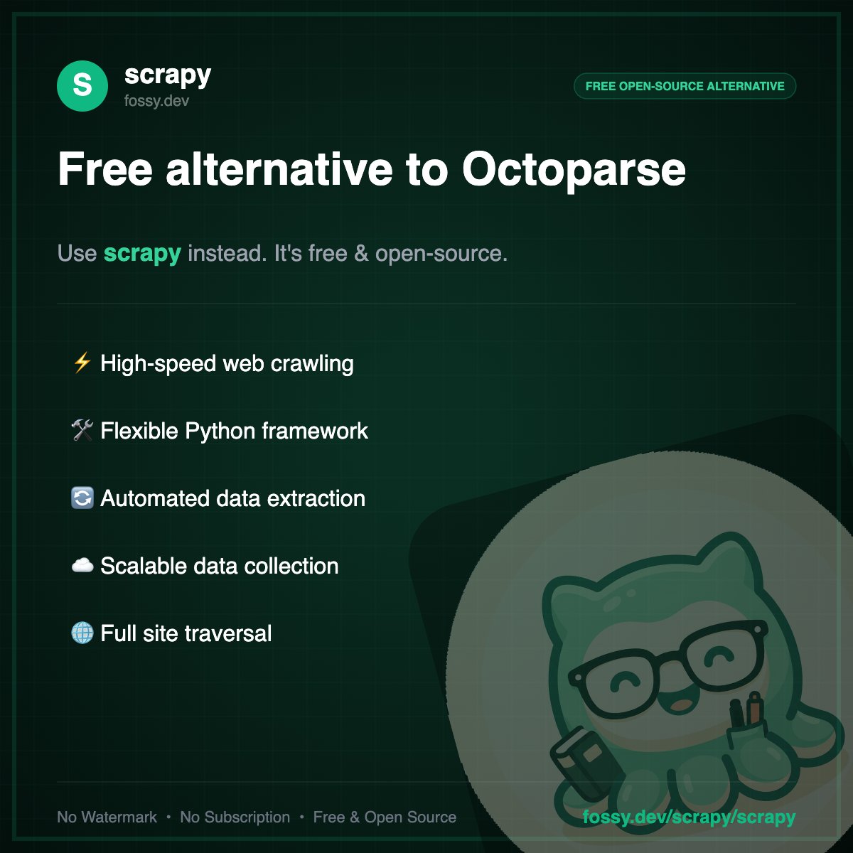 greenrocketapp's tweet photo. Free alternative to Octoparse

Scrapy is a free, open-source Python framework for building high-performance web scrapers without expensive subscriptions.

🔗 https://t.co/1BcfJrRi0D https://t.co/pY5tY107SF