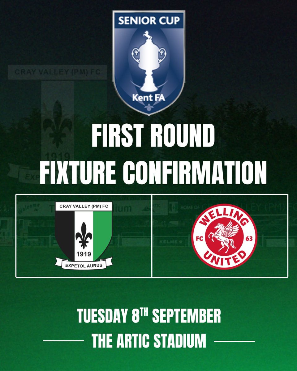 CrayValleyPM's tweet photo. 🏆 KENT SENIOR CUP

Our GoCardless Kent Senior Cup First Round tie has been confirmed, with the Millers set to welcome Welling United to The Artic Stadium.

📅 Tuesday 8th September
⏰ 7:45PM
‼️ Subject to confirmation

#WeAreSE9 🟢⚪ https://t.co/gaqgTlAWV3