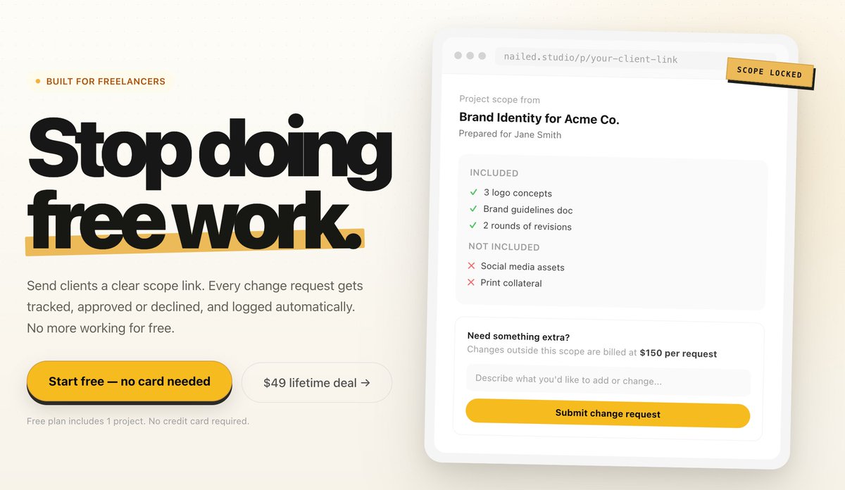 Tryverce's tweet photo. I spent 10 years as a mechanic. Every job had the moment: "while you're in there, can you also…"  free work, every time

Freelancers know it as "quick revisions."

So I built Nailed. One scope link. Every extra gets approved or declined, on the record.

https://t.co/IdHHro7nKz https://t.co/nZmRB38RGz