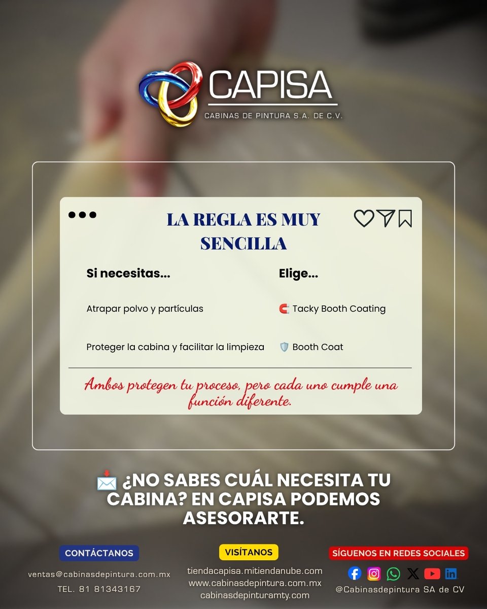 Capisaweb's tweet photo. ¿Tacky Booth Coating o Booth Coat? 🤔

No son lo mismo:
🧲 Tacky Booth Coating → ATRAPA polvo y partículas
🛡️ Booth Coat → PROTEGE paredes, ventanas y luminarias

Descubre cuál necesita tu cabina 👇
https://t.co/PjWpaEs123

#CabinasDePintura #Pintura #CAPISA https://t.co/eUQhCnt7yk