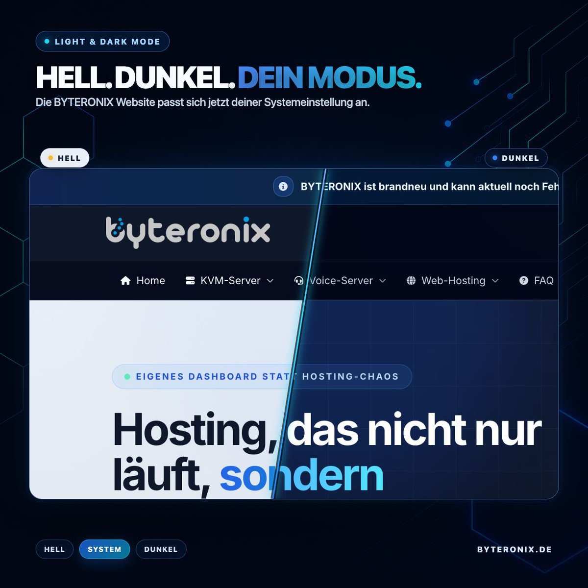 byteronix's tweet photo. 🌗 Hell. Dunkel. Dein Modus.

BYTERONIX gibt es jetzt im Hell-, Dunkel- und Systemmodus. Im Systemmodus passt sich die Website automatisch deinem Gerät an.

Jetzt testen: https://t.co/1522sUJ6cz

#BYTERONIX #DarkMode #LightMode https://t.co/uE6klAtRKj