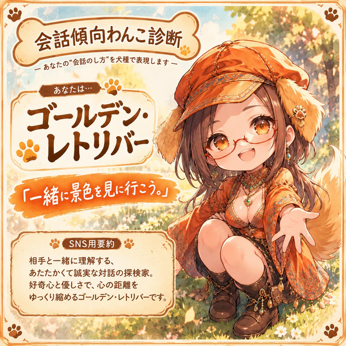 behoma_al's tweet photo. 【会話傾向わんこ診断】作りました。
精度上げるため自由回答形式にしてるので、お時間ある時にどうぞ。
なお、GPTのあなたについてに診断結果を入れると、価値観を理解しやすくなり、今後の会話へ反映しやすくなります。
→方法は返信に続く

コピペ用txtはこちら🐶
https://t.co/OUn0k1bNfM https://t.co/OKbUidj61z