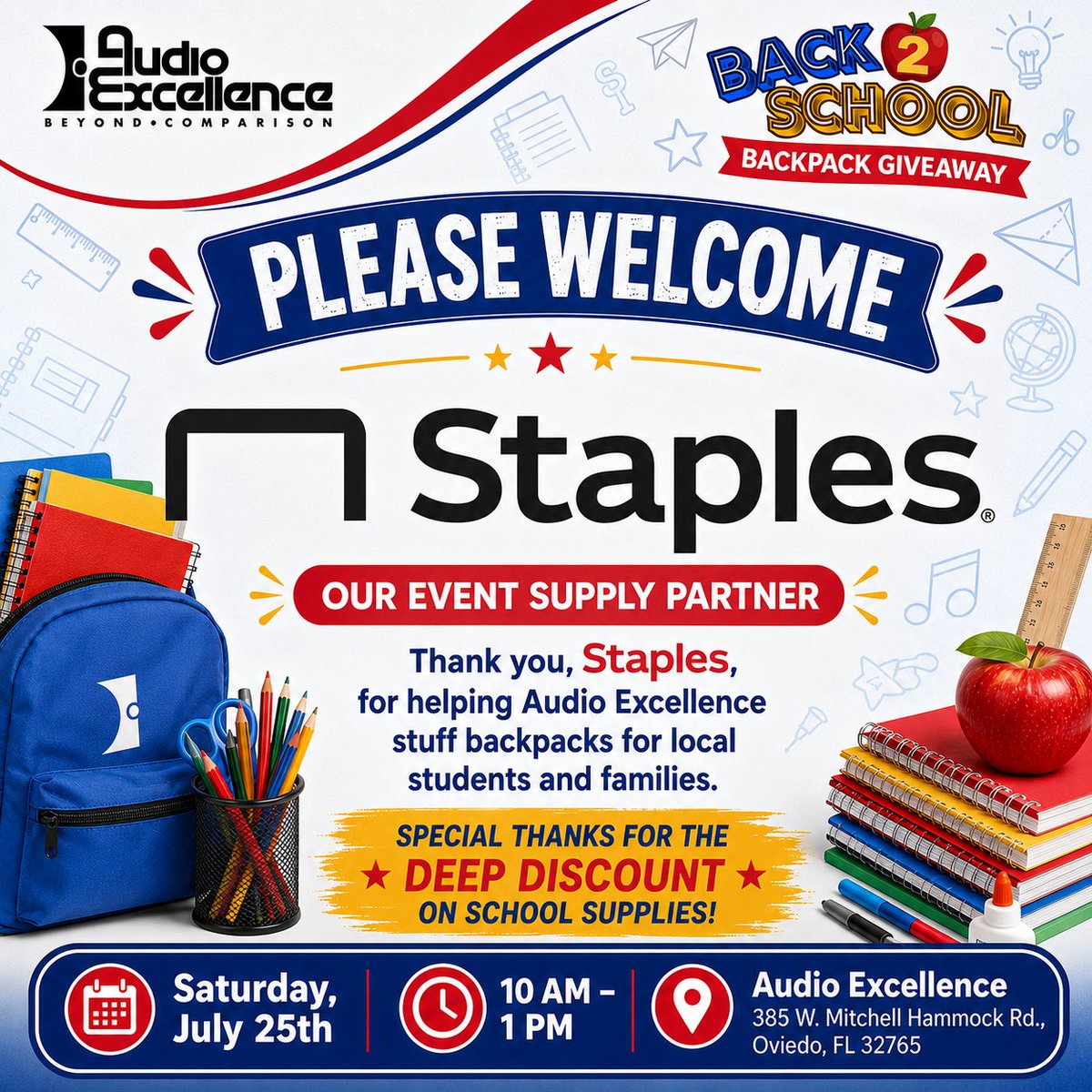 AudioExcellence's tweet photo. A huge thank you to Staples for helping to support our Back 2 School Backpack Giveaway!
#staples #AudioExcellenceOviedo #Back2School #BackpackGiveaway #OviedoFL #CommunityEvent #CommunityMatters #FreeBackpacks #FamilyFun https://t.co/vf4wNWnKRO
