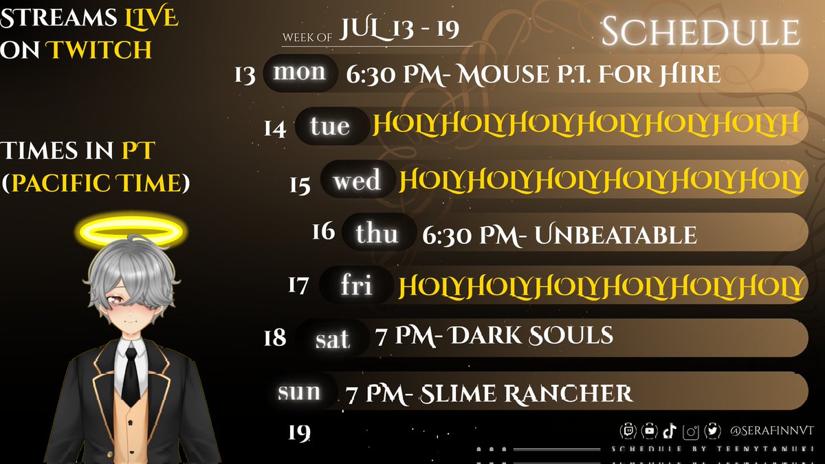 SeraFinnVT's tweet photo. New schedule is here! I'll be taking a vacay trip next week, and I'll be starting a new game this week! A lot going on here, per usual.

See you soon!~ https://t.co/fDEv1wmkAI
