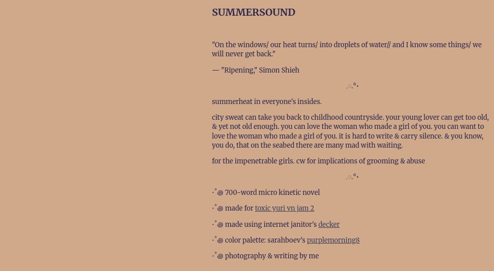 thoushallkill's tweet photo. play my 700-word kinetic VN made for #toxicyurivnjam about summers that feel bad &amp; make you lose your mind ♥️ https://t.co/5Bj6vXGFn2 https://t.co/01nceOckE0