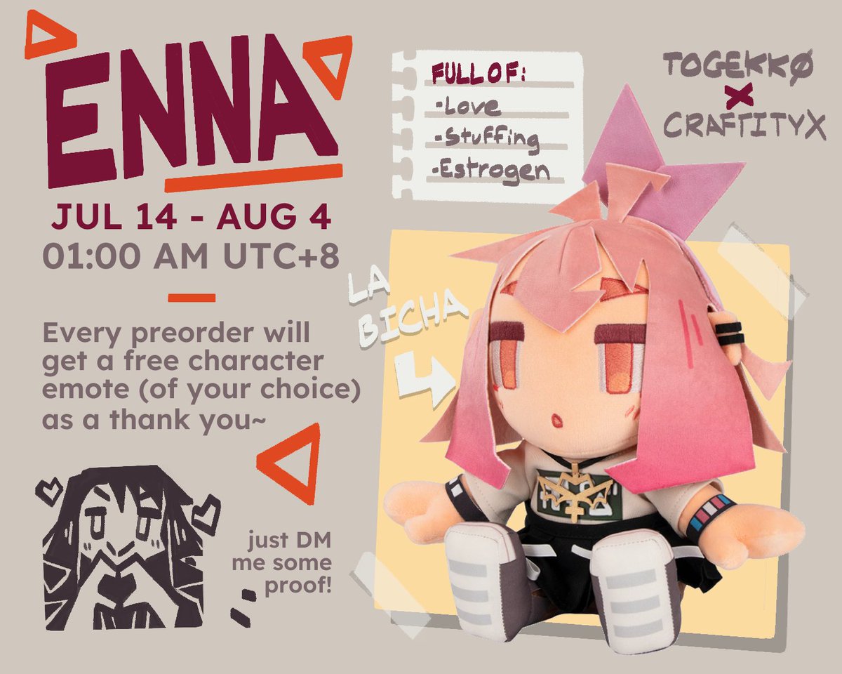 togekk0's tweet photo. ENNA PLUSHIE IS OUT!💜🧡🏳️‍⚧️
- We need to get to 50 preorders~!
- JUL 14 - AUG 4  [01:00 AM UTC+8]
- Every preorder will get a small character emote commission for free!
She's so cute... Get yours here~:
https://t.co/b3n16WzlZt https://t.co/N8SQ8s7npU